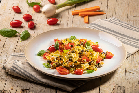 Ravioli con Ricotta di Colfiorito e spinaci con ratatouille dell’orto